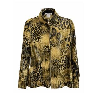 Misook Leopard Print Zip Front Jacket Olive Gold Black Stretch Size XS